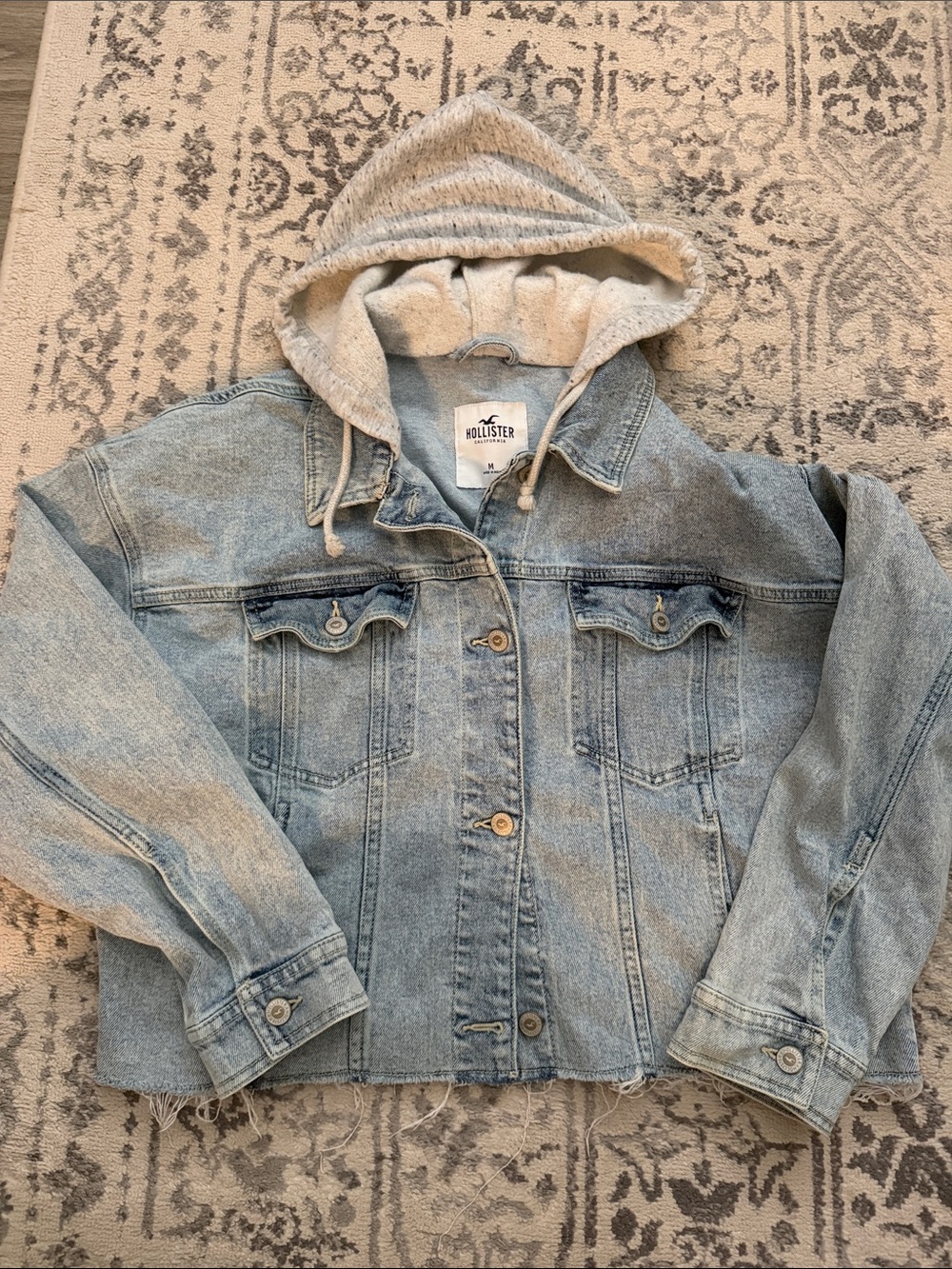 Hollister Light Wash Denim Jacket with Heather Gray Hood